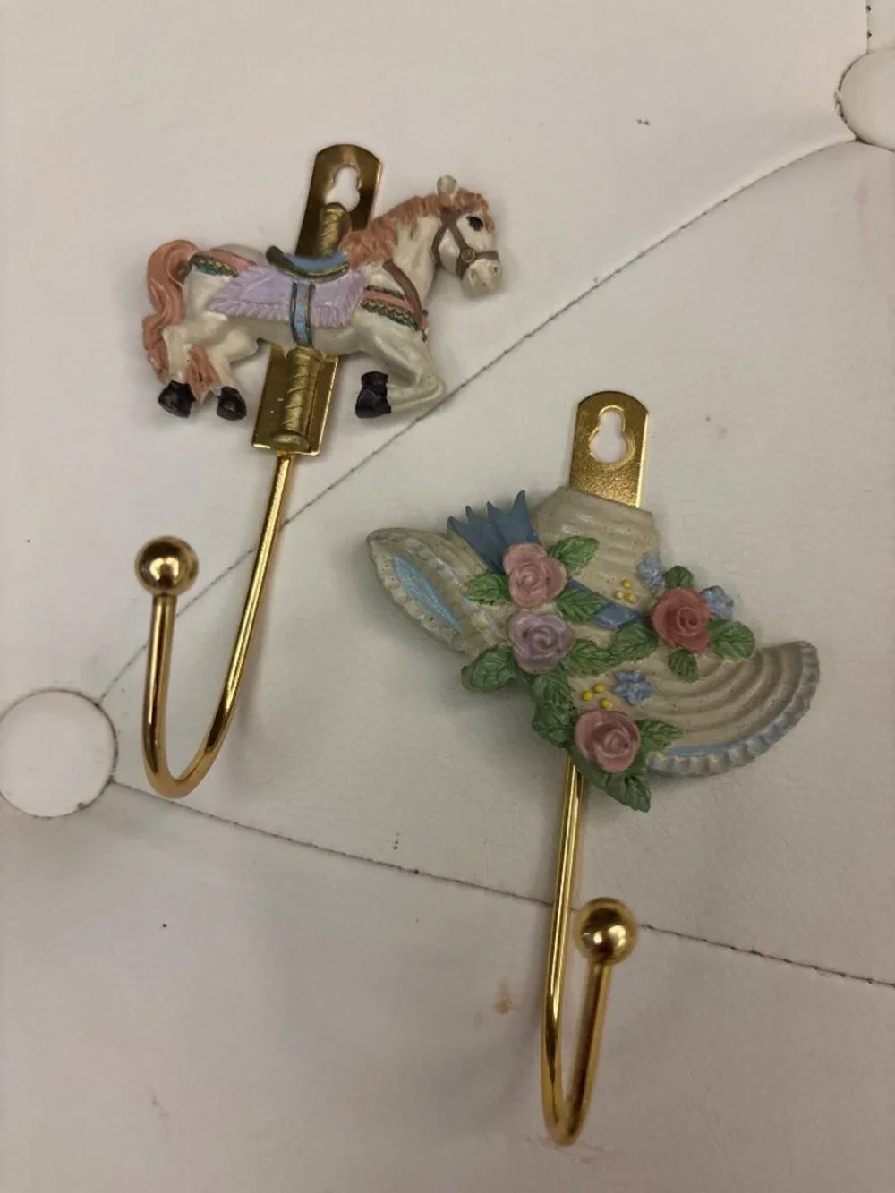 Vintage Wall Hooks Set of 2 Rustic Metal Farmhouse Nursery Carousel Hat Horse